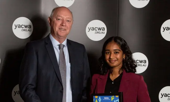 Colin PETTIT With Commissioners Participate Award Winner Fatima Merchant 2021 WA Youth Awards